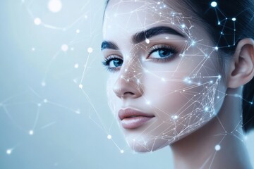 Poster - Portrait of a woman with digital facial overlay representing technology and innovation