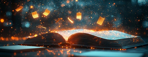 Poster - A glowing, open book encircled by floating tags, embodying knowledge and organization within a dynamic and vibrant environment