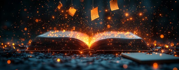 Poster - Floating tags accompany a glowing, open book, creating a visual representation of organized knowledge in a lively and colorful scene