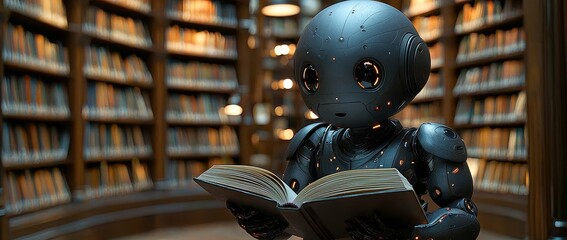 Poster - Futuristic robot reading book in a modern library, AI and education concept