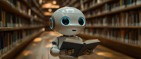 Poster - A futuristic robot stands in a library, cradling a book among stacks of knowledge
