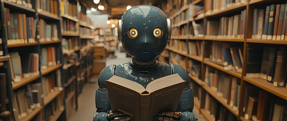 Poster - A futuristic robot is located in a library, with a book in hand amid rows of bookshelves