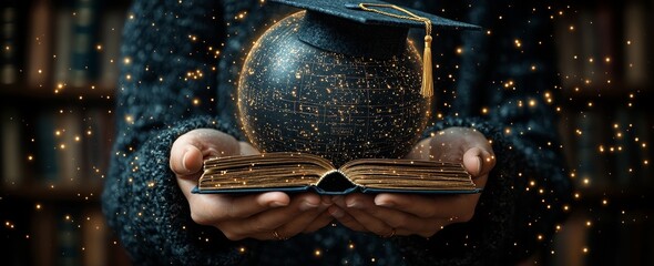 Poster - Global education with a graduation cap above hands cradling the earth