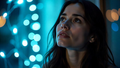 Fototapete - a young woman looking thoughtful and gazing upwards against a blurred background of blue and white lights, dreamy expression, Young woman daydreaming, created with generative ai