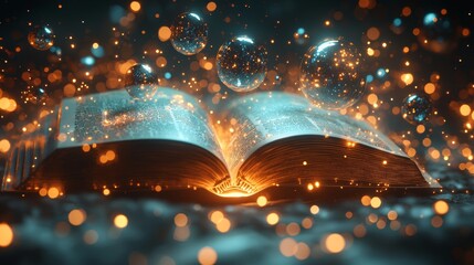 Poster - Book opens with shimmering network connections, a laptop, and soft bokeh lights