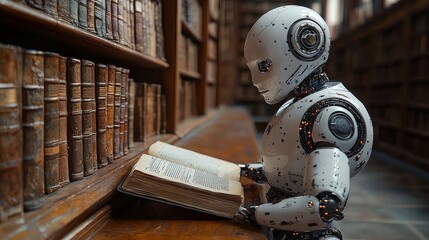 Poster - Set amidst a library, a humanoid robot reads a large book positioned in front of a bookshelf filled with numerous books