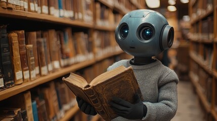 Poster - A futuristic robot with a sleek design examines a library shelf, clutching a tech book