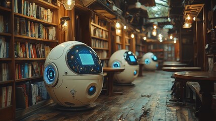 Poster - Spacious and futuristic library staffed with robotic assistants who organize books and feature interactive search stations