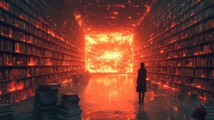 Poster - Set in a dimly lit library, a tablet with an open book is placed on a wooden desk, flanked by towering bookshelves containing countless volumes