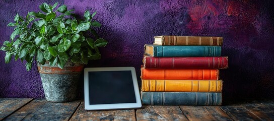 Poster - Tablet, books, plant, and a pen placed on a desk, with a purple background