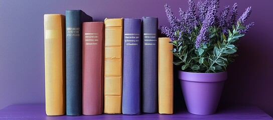 Poster - A desk adorned with a purple background holds a tablet, books, a plant, and a pen