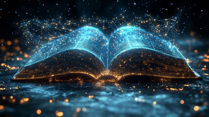 Poster - A blue-background low poly wireframe design illustrating an opened book and a notebook on a computer, symbolizing the modern concept of online education and reading