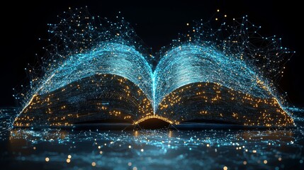 Poster - Abstract polygonal representation of a notebook on a computer, featuring an opened book on a blue background, symbolizing online education and reading. Digital modern illustration concept
