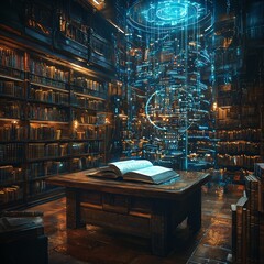 Poster - Visionary Learning Interface featuring levitating tomes and shimmering displays in a retro futuristic cityscape