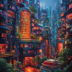 Poster - Discover a visionary learning platform with hovering books and dazzling screens in a retro-inspired urban setting