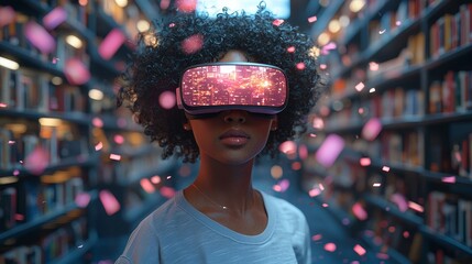 Poster - A young woman wearing a virtual reality headset immerses herself in digital realms, surrounded by books in a library