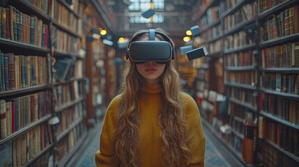 Poster - Surrounded by levitating books in a library, a young woman enters digital worlds through her virtual reality headset