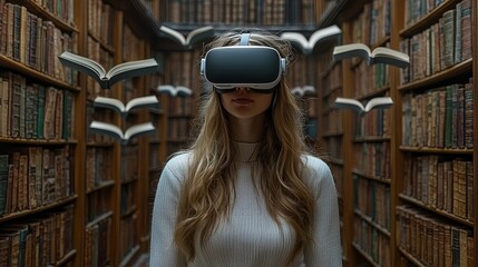 Poster - A young woman wearing a virtual reality headset explores digital worlds in a library filled with flying books