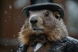 Groundhog Day February 2: observing a furry critter in a top hat surrounded by snow as a method to anticipate holiday weather
