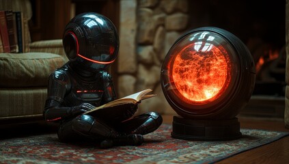 Poster - A humanoid robot exploring a book in the library, absorbing knowledge and information