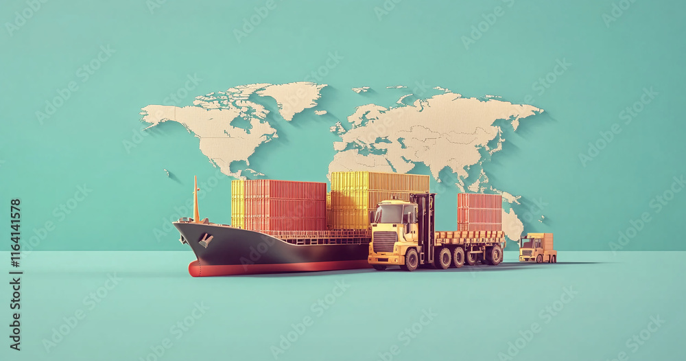 Global shipping logistics with cargo containers, truck, and ship on a ...