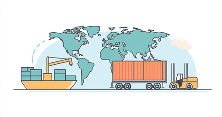 Poster - Illustration of global shipping with cargo ship, truck, and forklift on a world map background
