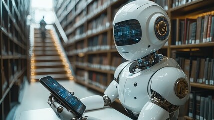 Poster - This library embodies futuristic design and digital innovation, offering a sleek reading area and interactive technology as its focal points