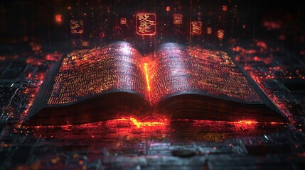 Poster - An open book projects a glowing, holographic text, framed by a blurred library scene, representing the blend of knowledge and technology