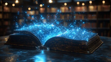 Poster - A magical book emanates radiant data streams, symbolizing knowledge and technology within a library adorned with glowing shelves
