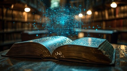 Poster - In front of a blurred library backdrop, an open book reveals a glowing, holographic text, illustrating the merging of knowledge and technology