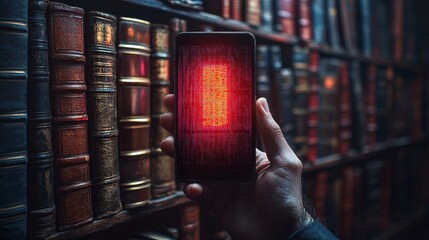 Poster - Neon-lit and digitally equipped futuristic library interior