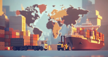 Poster - Container shipping and global logistics with cargo ship, truck, and forklift in a supply chain concept