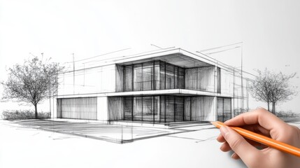 Poster - Architectural Sketch of Modern Building Design with Hand Drawing