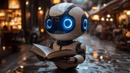 Poster - In the library, a robot is seen reading a book, demonstrating the intersection of technology and learning