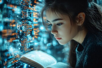 Poster - A person holding a holographic book illuminated with educational icons, blending binary code into a digital painting with glowing elements in a library setting
