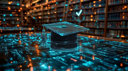 Poster - A futuristic graduation cap placed atop a book, adorned with digital effects that symbolize education, transition, knowledge, and achievement in a modern academic setting