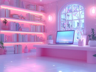 Poster - A relaxing home office space with a computer, desk lamp, and bookshelf packed with books