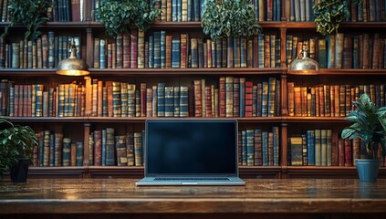Poster - Inside a library, a laptop rests on a wooden table flanked by bookshelves and a large window