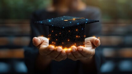 Poster - A hand raises a glowing graduation cap above a box within a classroom