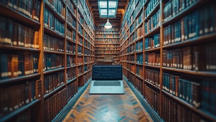 Poster - A laptop sits on a wooden table in a library filled with bookshelves and a large window