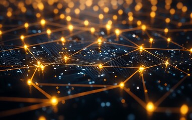 Aufkleber - Abstract circuit board background with glowing yellow lights connected by dynamic lines and paths, symbolizing the essence of technological development