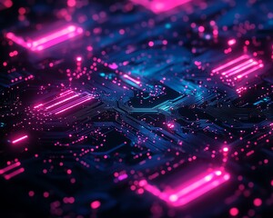 Aufkleber - Closeup of a circuit board with glowing pink and blue chips, symbolizing technological advancements driving AI s impact across multiple industries