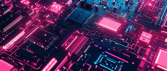 Leinwandbilder - Closeup shot of a hightech circuit board with pink and blue glowing chips, symbolizing the technological breakthroughs shaping the future of AI in industries