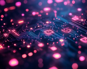 Poster - Detailed view of a circuit board with glowing pink and blue chips, reflecting the cuttingedge technology and AI s transformative power across industries