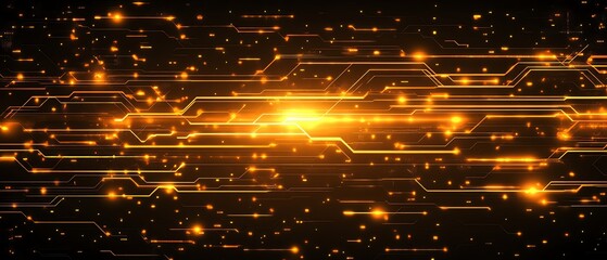 Poster - Dynamic abstract background featuring glowing yellow lights connected by intricate lines on a circuit board, embodying the theme of technological progress