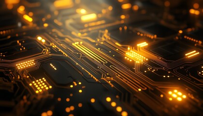 Leinwandbilder - Futuristic abstract background with glowing yellow lights interconnected by a web of lines and connections on a circuit board, representing technological innovation