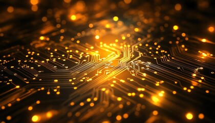 Poster - Futuristic abstract background with glowing yellow lights interconnected by a web of lines and connections on a circuit board, representing technological innovation