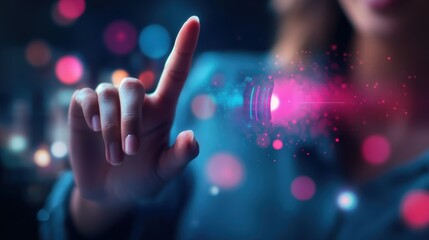Poster - A hand reaching out to touch a glowing interface, surrounded by colorful digital lights, suggesting interaction with technology or virtual environments.