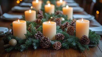 Poster - Elegant candle centerpiece with pinecones and greenery decorating a wooden table for festive dining