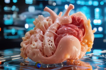 Poster - Detailed anatomical model of a human heart with surrounding structures on a digital display